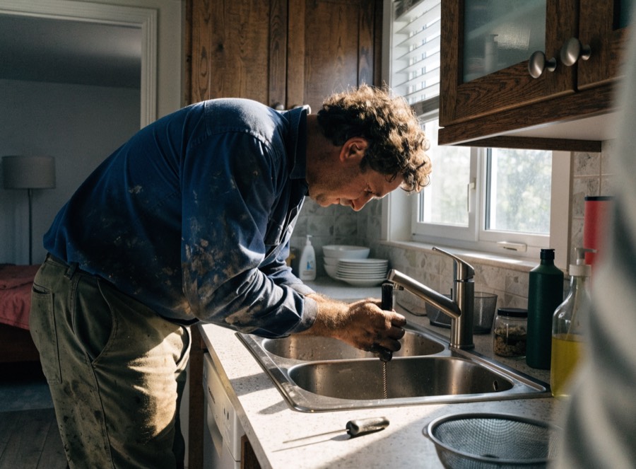 Plumber clearing a clogged kitchen sink