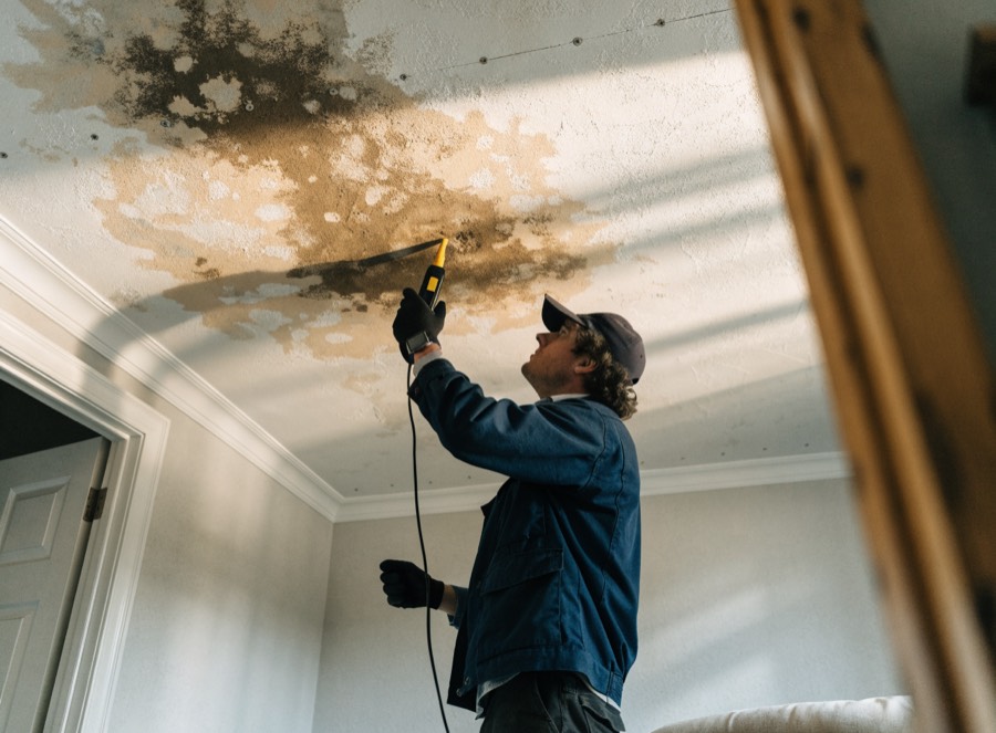 Plumber checking a water-stained ceiling for a leak